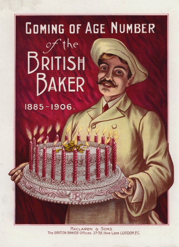 Boulanger avec un gâteau avec 21 bougies (lithographie en couleur) - English School