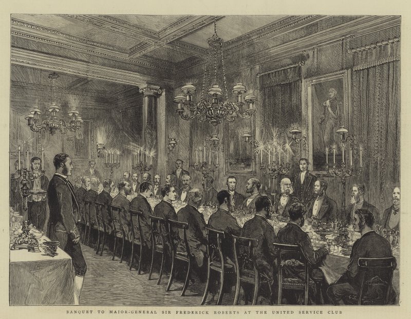 Banquet au Major-Général Sir Frederick Roberts au United Service Club, illustration pour The Graphic, 4 décembre 1880 - English School