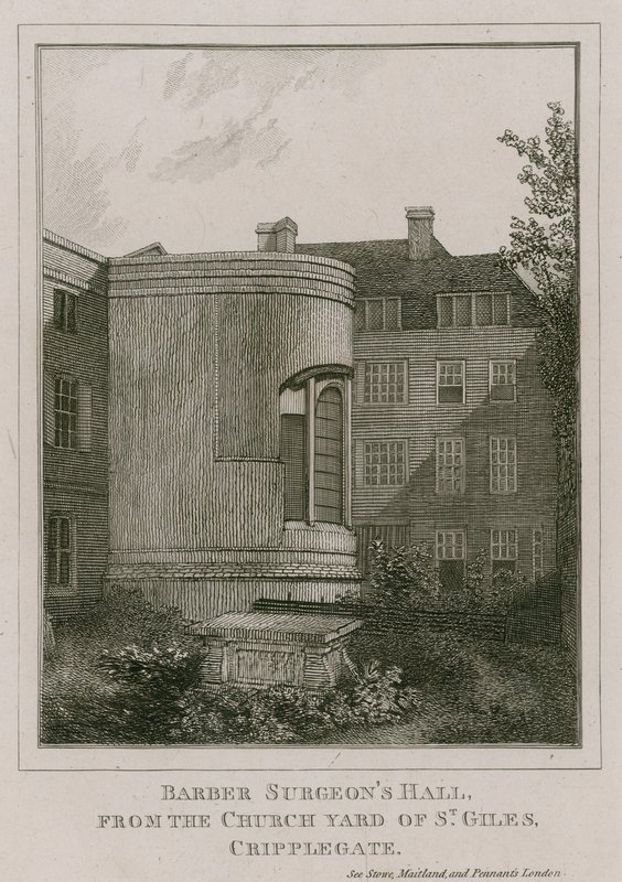 Barber Surgeons Hall, Monkwell Street, Londres, vu du cimetière de l