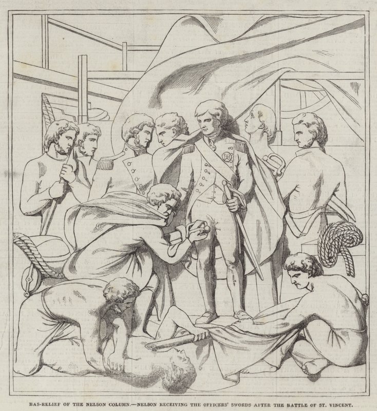 Bas-relief de la colonne Nelson, Nelson recevant les épées des officiers après la bataille de Saint-Vincent (gravure) - English School