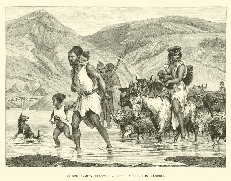 Famille berbère traversant un gué, une scène en Algérie - English School