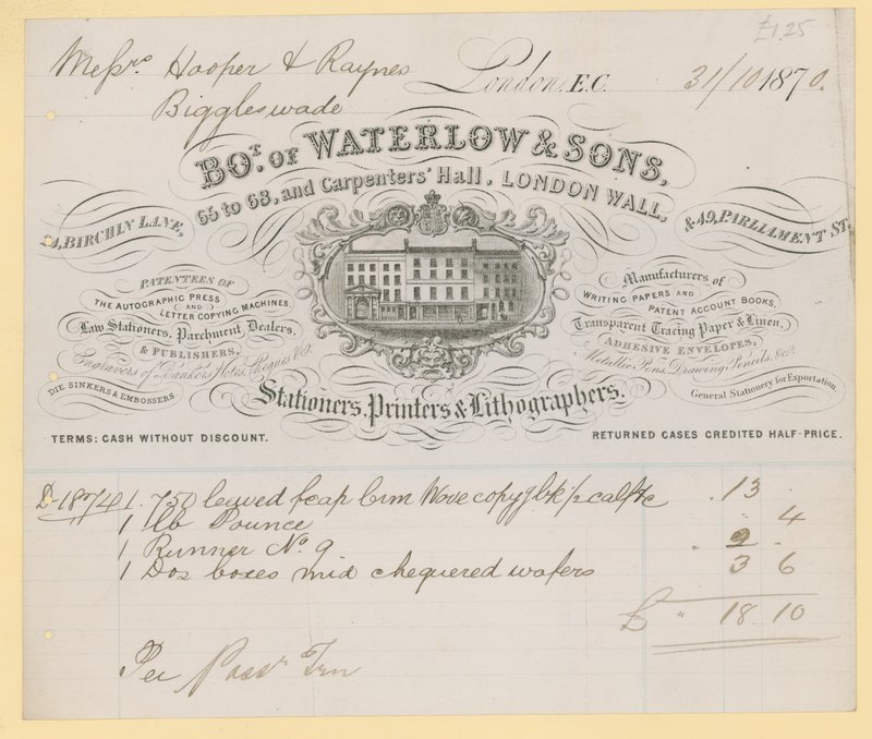 Facture de Waterlow and Sons, 66-68 Carpenters Hall, London Wall, papetiers - English School