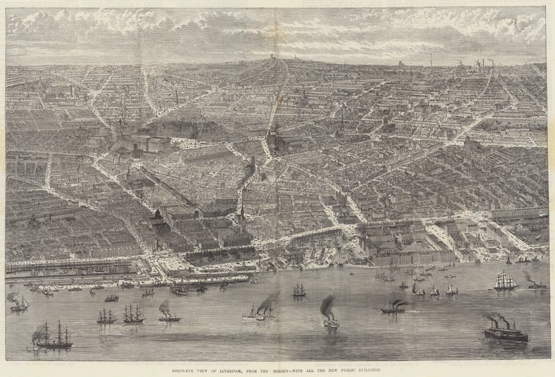 Vue aérienne de Liverpool, depuis la Mersey, avec tous les nouveaux bâtiments publics - English School