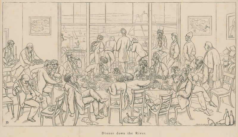 Vue en plongée de la société : Dîner sur la rivière - English School