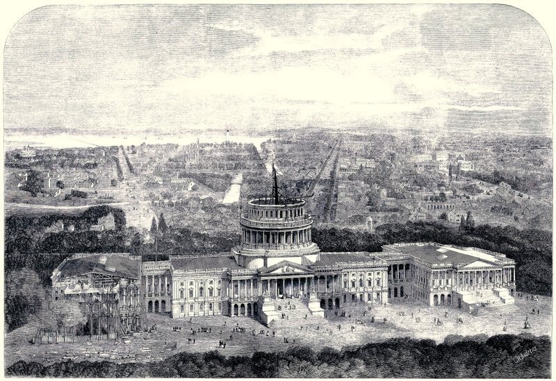 Vue aérienne de la ville de Washington 1861, avec le Capitole en construction au premier plan (version nettoyée numériquement) - English School