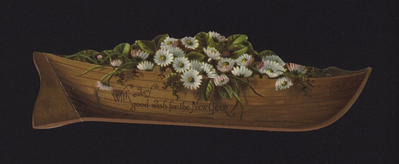 Bateau rempli de marguerites, carte de vœux du Nouvel An, fin XIXe ou début XXe siècle - English School