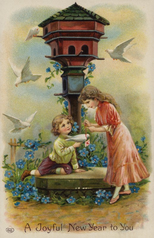 Garçon et fille envoyant des vœux de Noël par colombe - English School