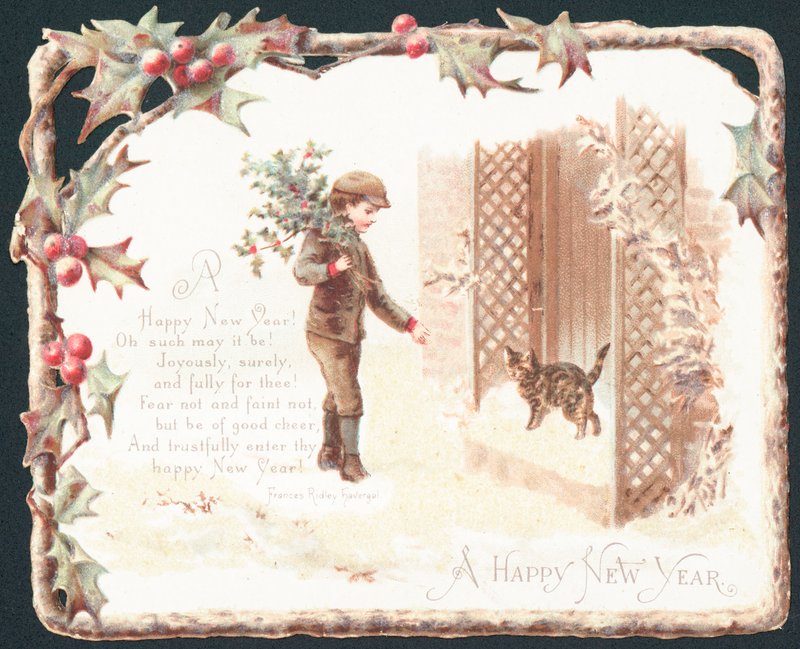 Garçon portant des branches de houx parlant à un chat, carte de Nouvel An - English School