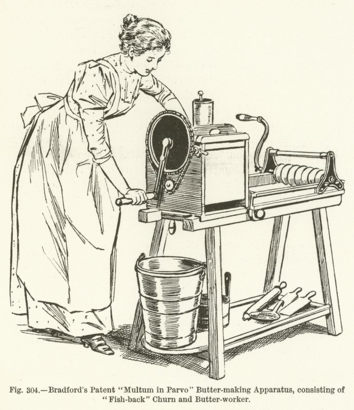 Appareil à beurre breveté Multum in Parvo de Bradford, composé de baratte à dos de poisson et de travailleuse à beurre - English School