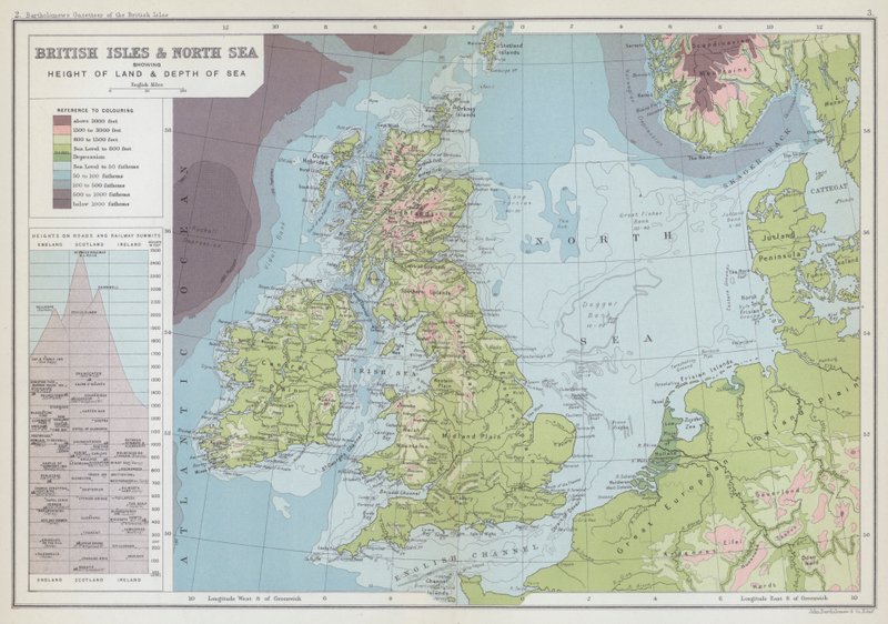 Îles britanniques et mer du Nord montrant la hauteur des terres et la profondeur de la mer - English School