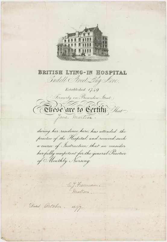 Hôpital britannique de maternité. Certificat de soins - English School