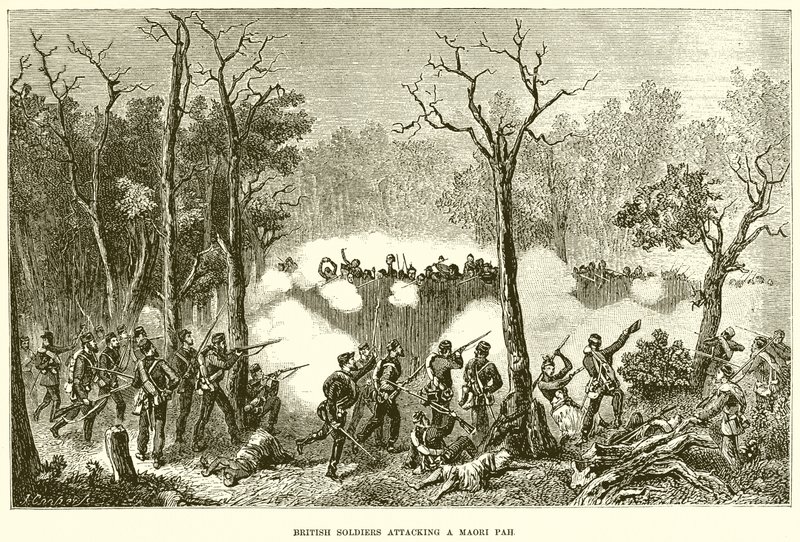 Soldats britanniques attaquant un Pah maori - English School