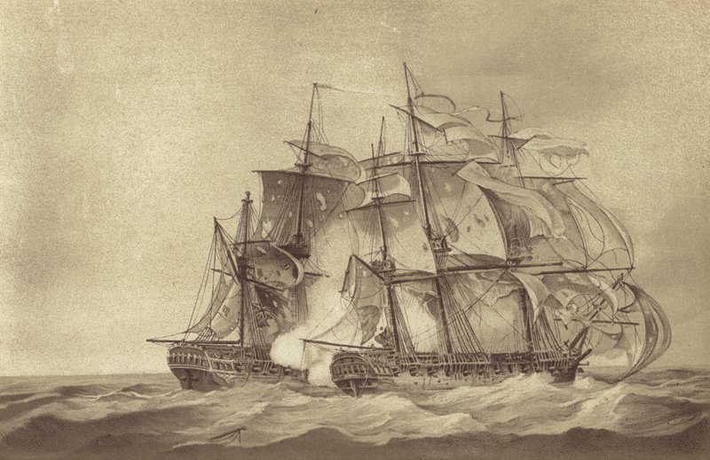 Frégate britannique HMS Santa Margarita, commandée par le capitaine Thomas Byam Martin, capturant la frégate française Tamise, juin 1796 (lithographie) - English School