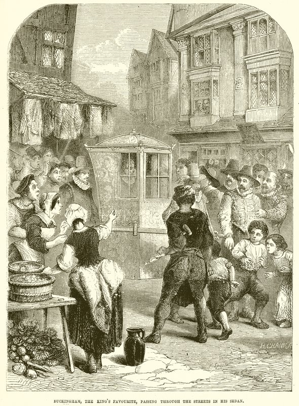 Buckingham, le favori du roi, passant dans les rues dans sa chaise à porteurs - English School