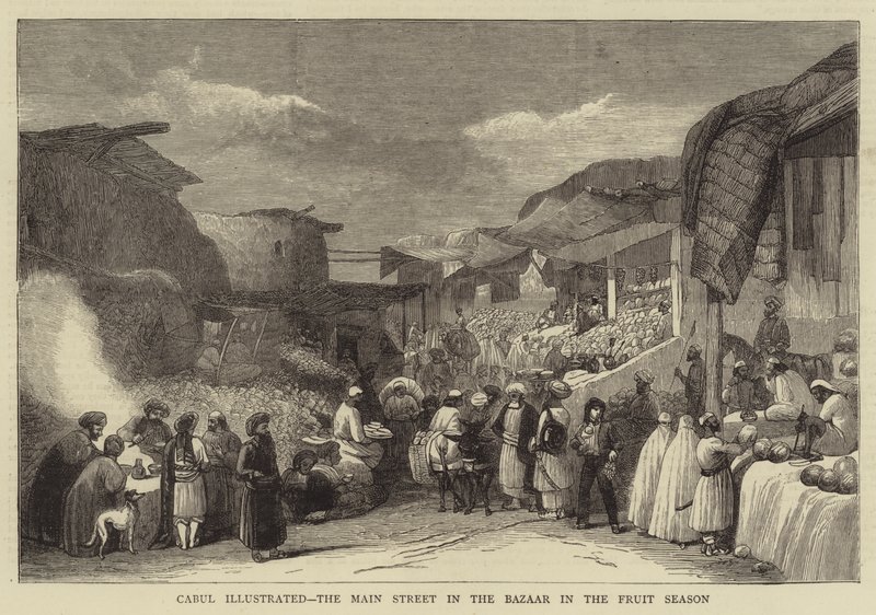Cabul illustré, la rue principale du bazar en saison des fruits - English School
