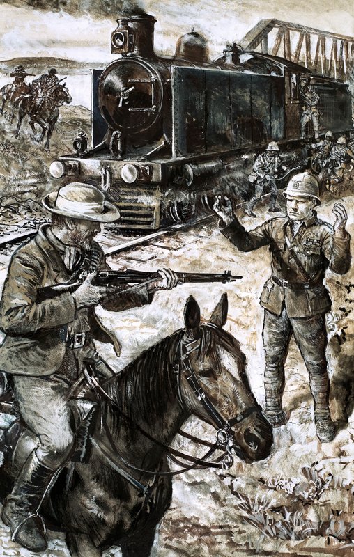 Capture de Winston Churchill pendant la guerre des Boers (gouache sur papier) - English School