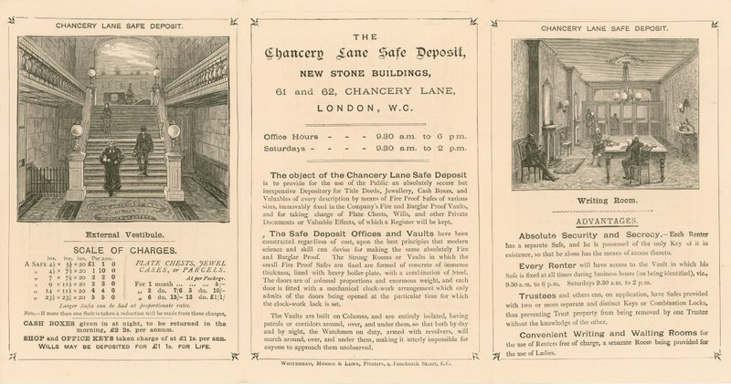 Carte publicitaire pour le Chancery Lane Safe Deposit, 61-62 Chancery Lane, Londres - English School