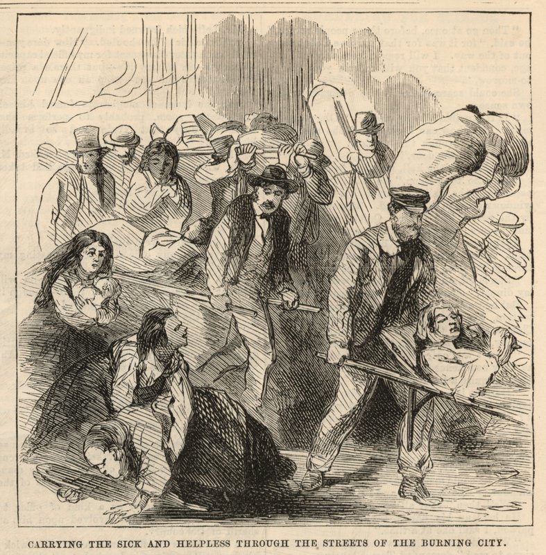 Transport des malades et des impuissants dans les rues de la ville en feu - English School