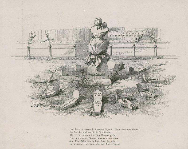 Caricature, satire sur Albert Grant, les tombes représentant ses spéculations douteuses - English School