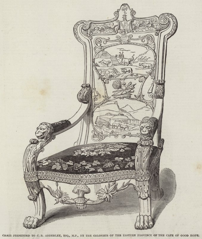 Chaise offerte à C B Adderley, Esquire, MP, par les colons de la province orientale du Cap de Bonne-Espérance (gravure) - English School