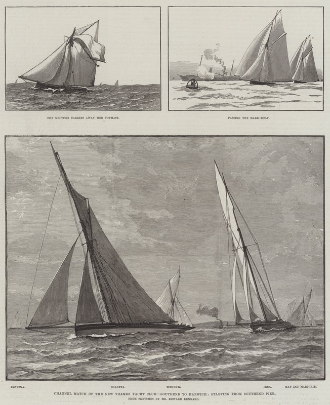 Match de la Manche du New Thames Yacht Club, Southend à Harwich, départ de la jetée de Southend (gravure) - English School