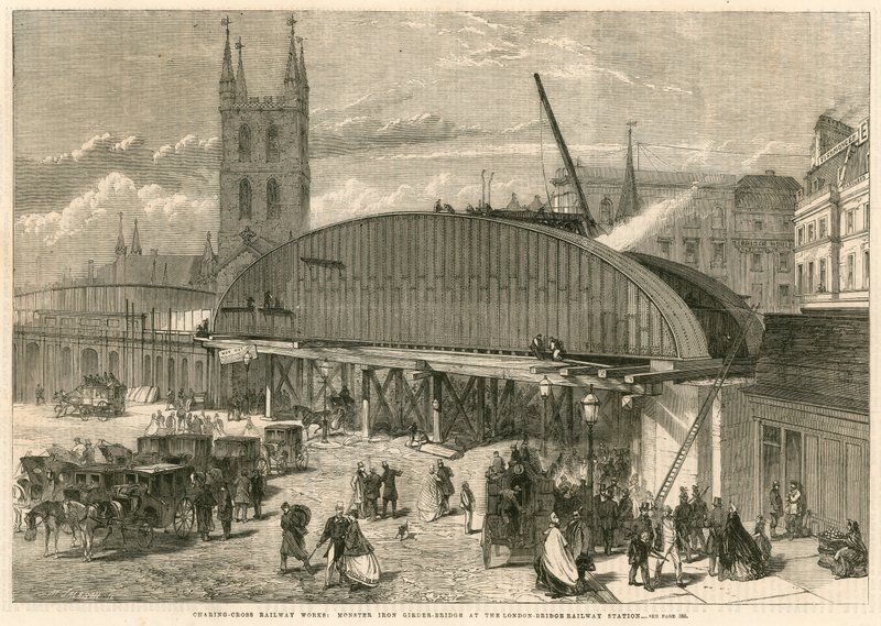Travaux ferroviaires de Charing Cross : pont en fer monstrueux à la gare de London Bridge - English School