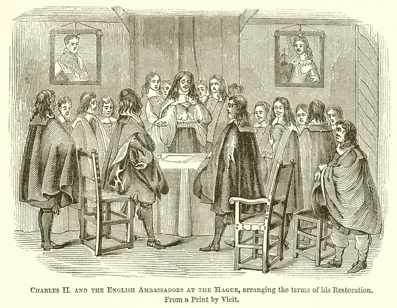 Charles II et les ambassadeurs anglais à La Haye, arrangeant les termes de sa restauration - English School