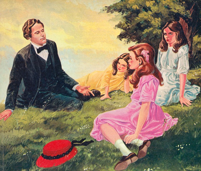 Charles Lutwidge Dodgson racontant des histoires à Alice Liddell et ses deux sœurs - English School
