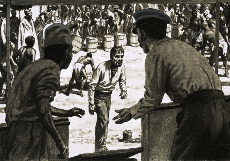 Charles Osborne et le capitaine Stott disposaient des fûts de rhum sur la plage - English School