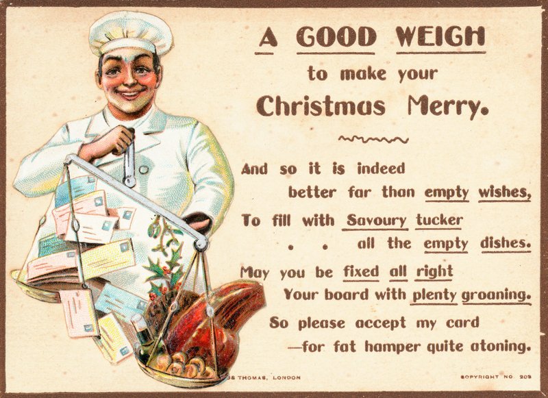 Chef pesant des lettres et de la nourriture sur une balance, carte de Noël - English School