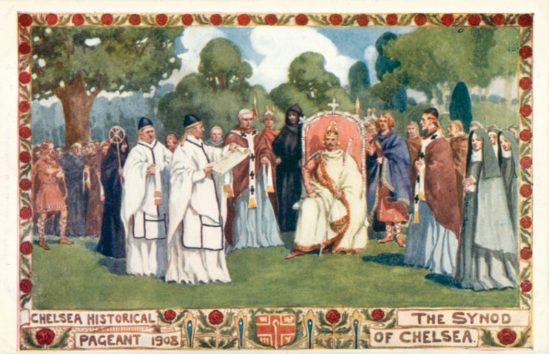Pageant historique de Chelsea 1908, le synode de Chelsea (lithographie en couleur) - English School