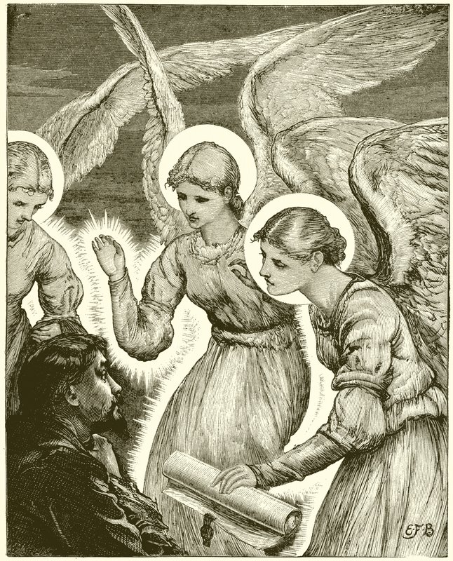 Chrétien et les anges. Voici, trois êtres brillants vinrent à lui et le saluèrent - English School