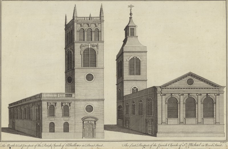 Église Allhallows dans Bread Street et église St Michael dans Wood Street, Londres - English School