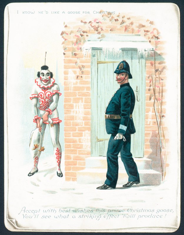 Clown attendant un policier avec une oie, Carte de Noël - English School