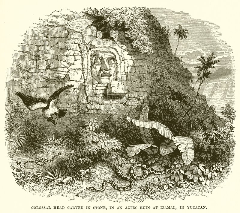 Tête colossale sculptée dans la pierre, dans une ruine aztèque à Izamal, au Yucatán - English School