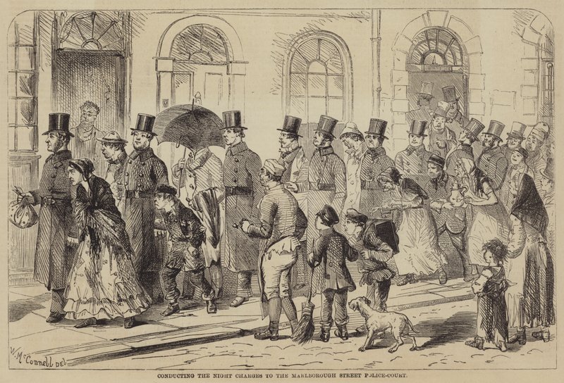 Conduite des charges nocturnes au tribunal de police de Marlborough Street (gravure) - English School