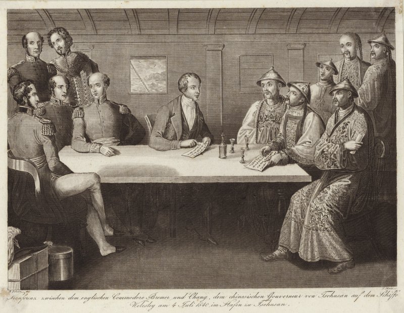Conférence à Chusan entre le commodore Bremer et un officiel chinois sur le HMS Wellesley le 4 juillet 1841 - English School