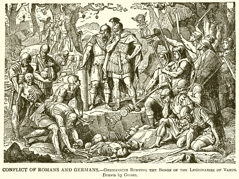 Conflit entre Romains et Allemands. Germanicus enterrant les os des légionnaires de Varus - English School