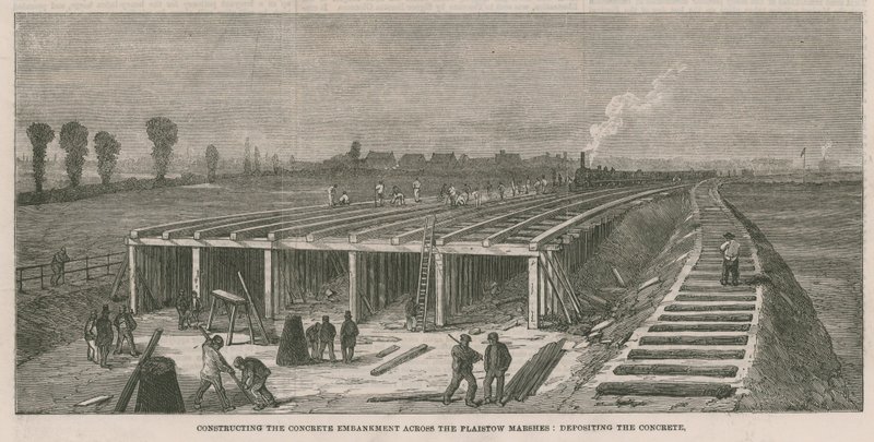 Construction de la digue en béton à travers les marais de Plaistow - English School