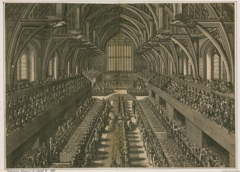 Banquet de couronnement de Jacques II, 1685, à Westminster Hall, Londres - English School