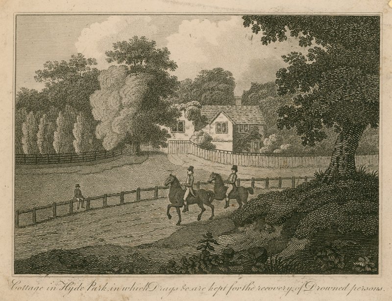 Cottage à Hyde Park où sont conservés des médicaments, etc., pour la récupération des personnes noyées - English School