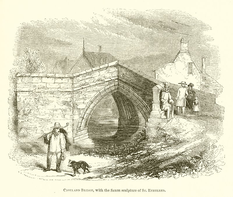 Pont de Croyland, avec la sculpture saxonne de Sainte Ethelred - English School