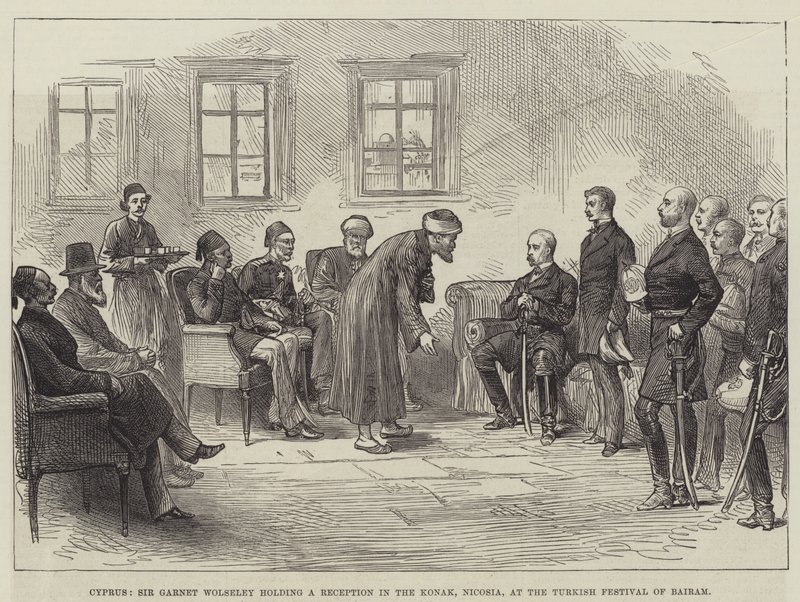 Chypre, Sir Garnet Wolseley tenant une réception au Konak, Nicosie, lors du festival turc de Bairam (gravure) - English School