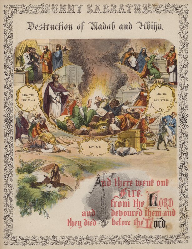 Destruction de Nadab et Abihu (gravure en couleur) - English School