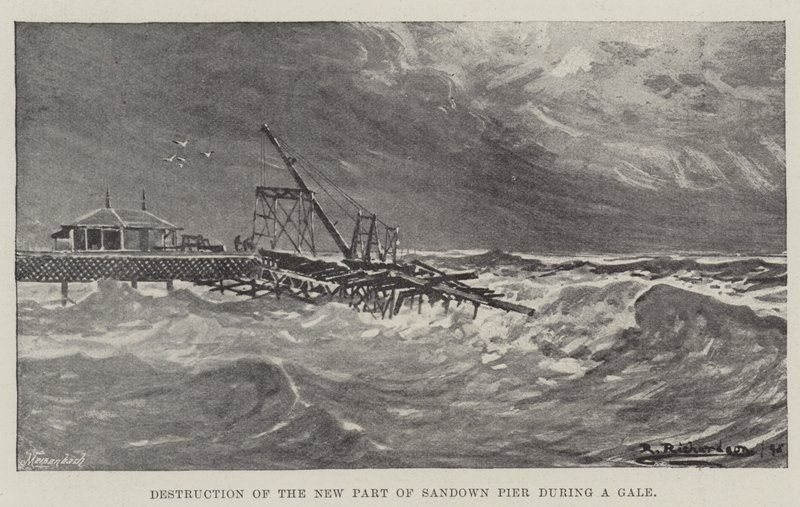 Destruction de la nouvelle partie de la jetée de Sandown pendant une tempête (gravure) - English School