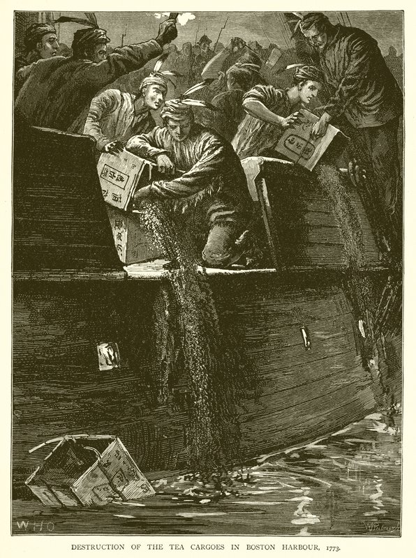 Destruction des cargaisons de thé dans le port de Boston, 1773 - English School
