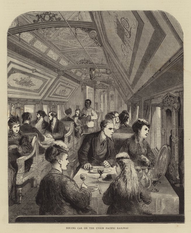 Wagon-restaurant sur le chemin de fer Union Pacific (gravure) - English School