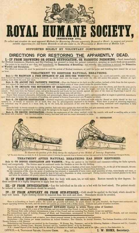 Instructions pour réanimer les morts apparents ; publié par la Royal Humane Society, mai 1872 - English School