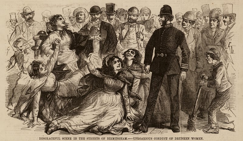 Scène honteuse dans les rues de Birmingham, conduite tapageuse de femmes ivres (gravure) - English School