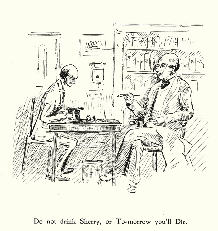 Ne buvez pas de xérès, ou demain vous mourrez ; mangez, buvez et soyez joyeux, car demain nous mourrons (litho) - English School